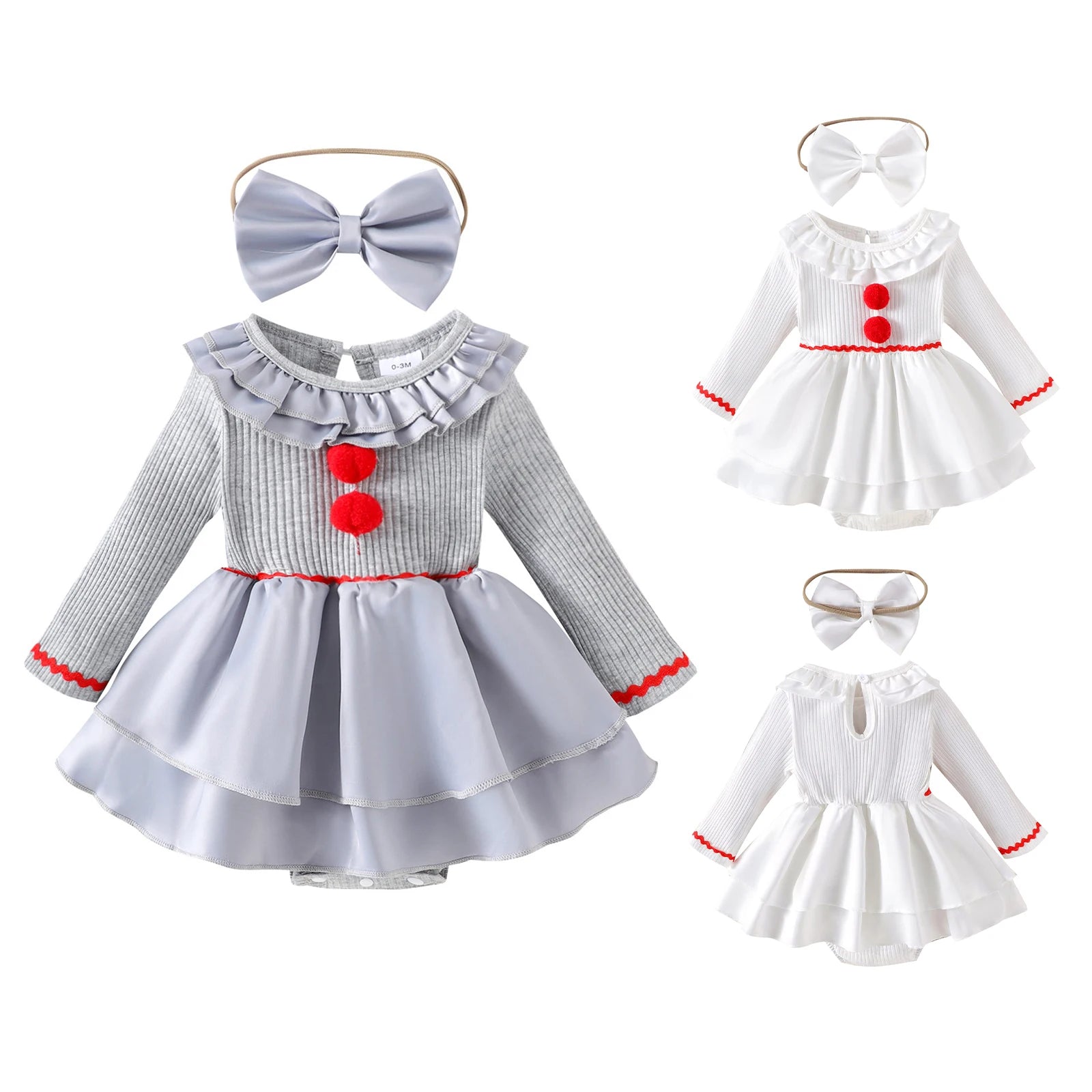 Baby Girl Halloween Creepy Clown Cosplay Costume Long Sleeve Layered Ruffled Gray Joker Dress Romper for Theme Party Photo Shoot