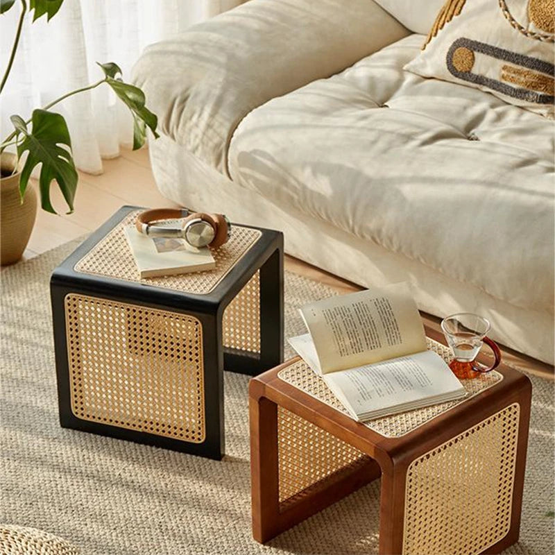 Table basse en rotin massif style Wine--sabi, meubles japonais, table d'appoint antique pour canapé, table carrée rétro pour balcon