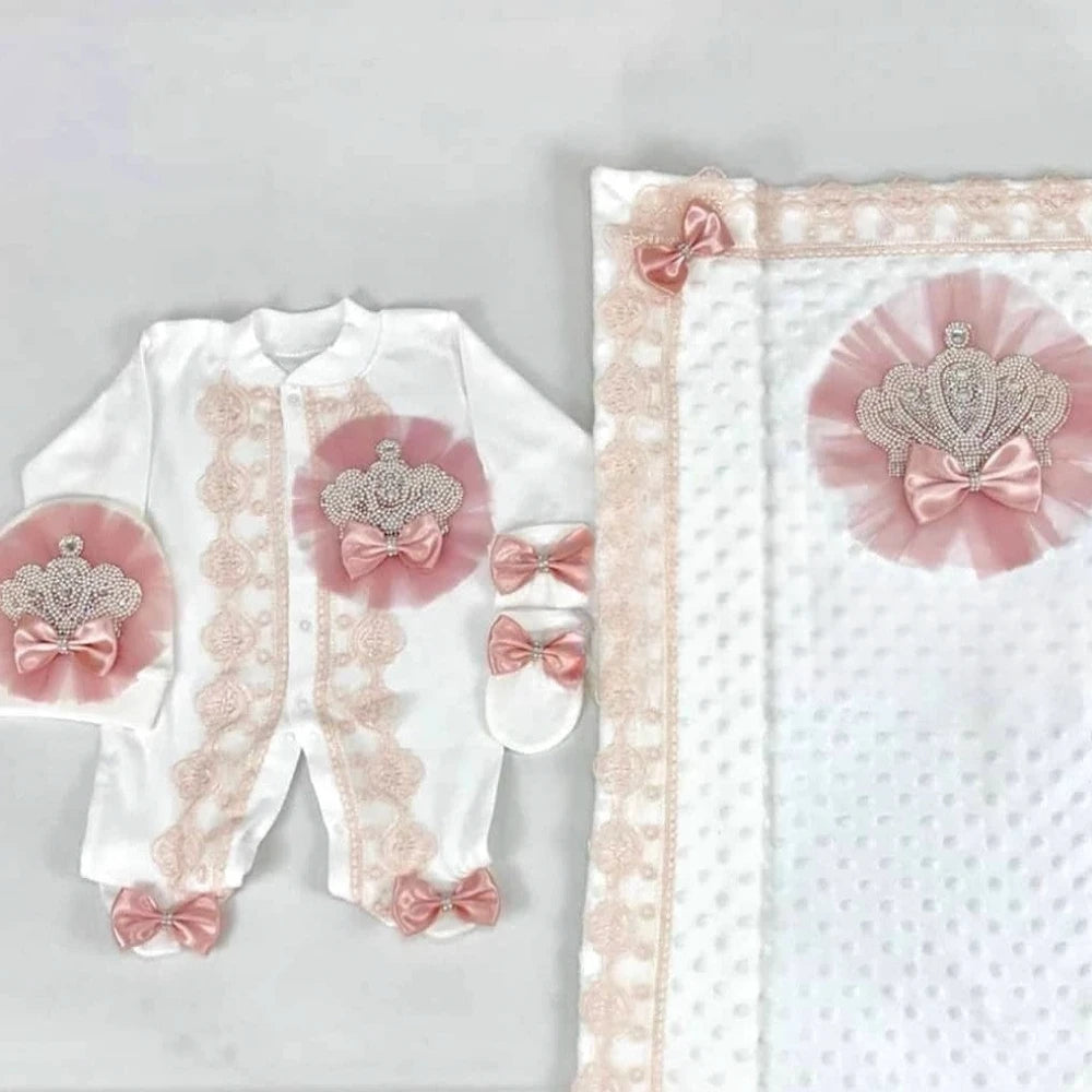 Customized Baby Name Newborn Pink Crown Jewels Gift Set 3pcs Outfits Pajamas Receiving Blanket Welcome Home Ceremonial dress