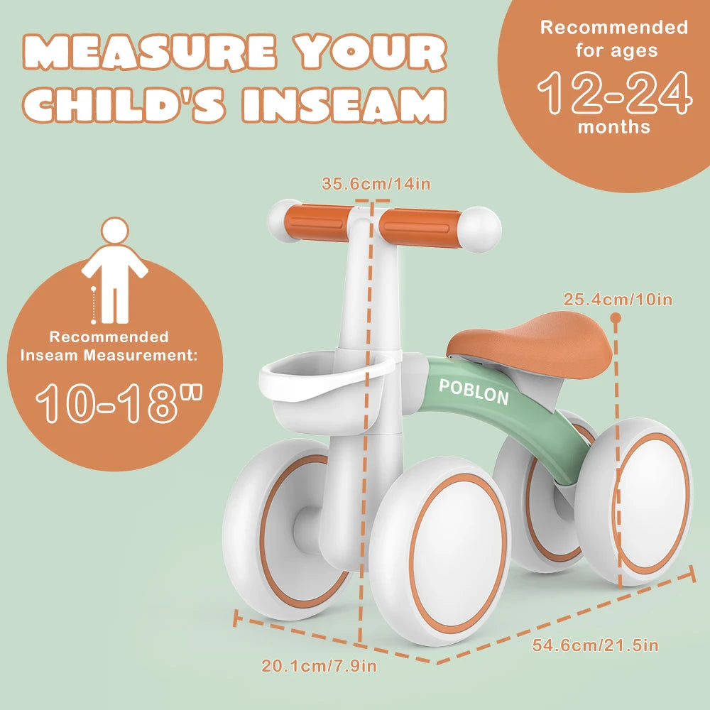 Baby Balance Bike 4 Wheels Bicycle without Pedals First Bike for Children from 1 to 2 Years old 12 to 24 months Outdoor Toy Car