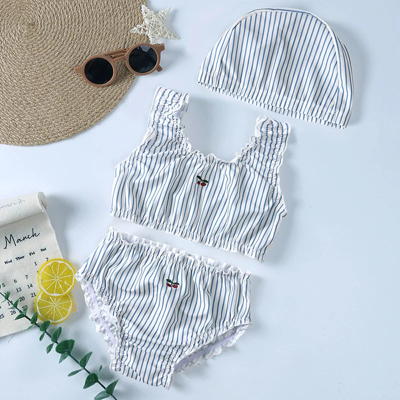 Summer Sun Protection Kids Girls Swimsuits+Hat Clothing Toddler Girl Swimwear Print Baby Bikini Split Swimsuit Vacation Swimming