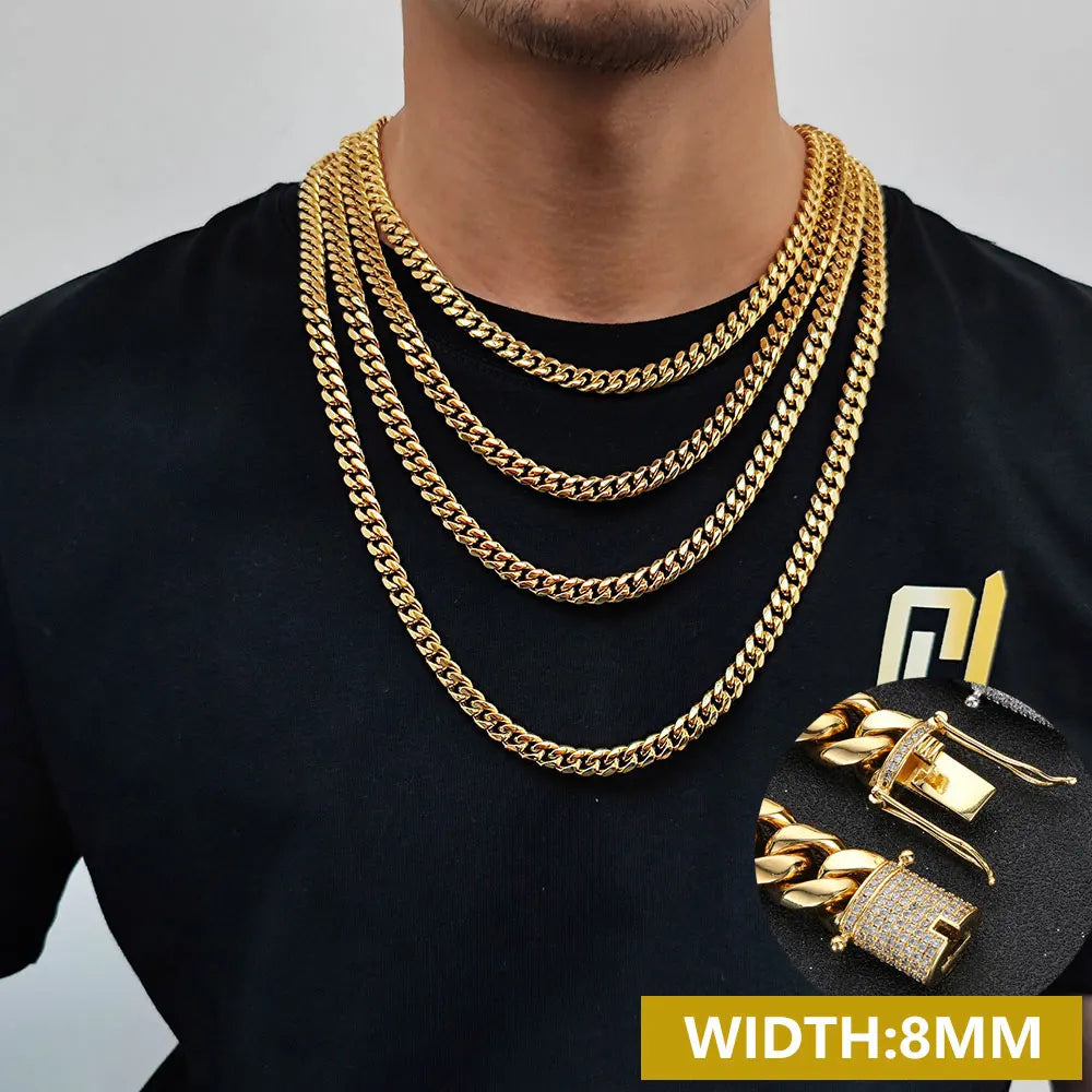 6-16mm Iced Clasp Cuban Link Chain Miami Stainless Steel Necklace Hip Hop Jewelry Gift for Men Women