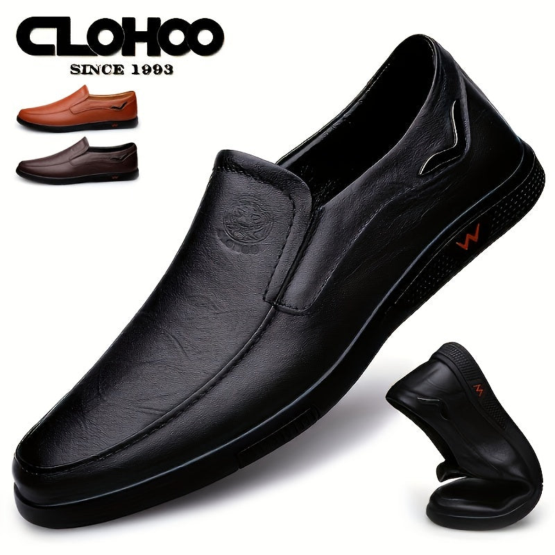 CLOHOO Men's Slip-On/Slip-Resistant Genuine Leather-like (Split Cowhide) Shoes - All-Season Casual &amp; Dressy -like Sneakers with PU, Non-Skid Rubber Sole, Black/Brown for Business, Vacation, Casual Attire (No Laces)