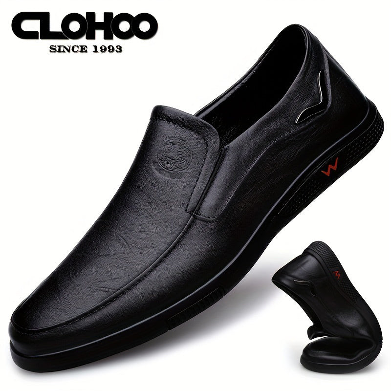 CLOHOO Men's Slip-On/Slip-Resistant Genuine Leather-like (Split Cowhide) Shoes - All-Season Casual &amp; Dressy -like Sneakers with PU, Non-Skid Rubber Sole, Black/Brown for Business, Vacation, Casual Attire (No Laces)