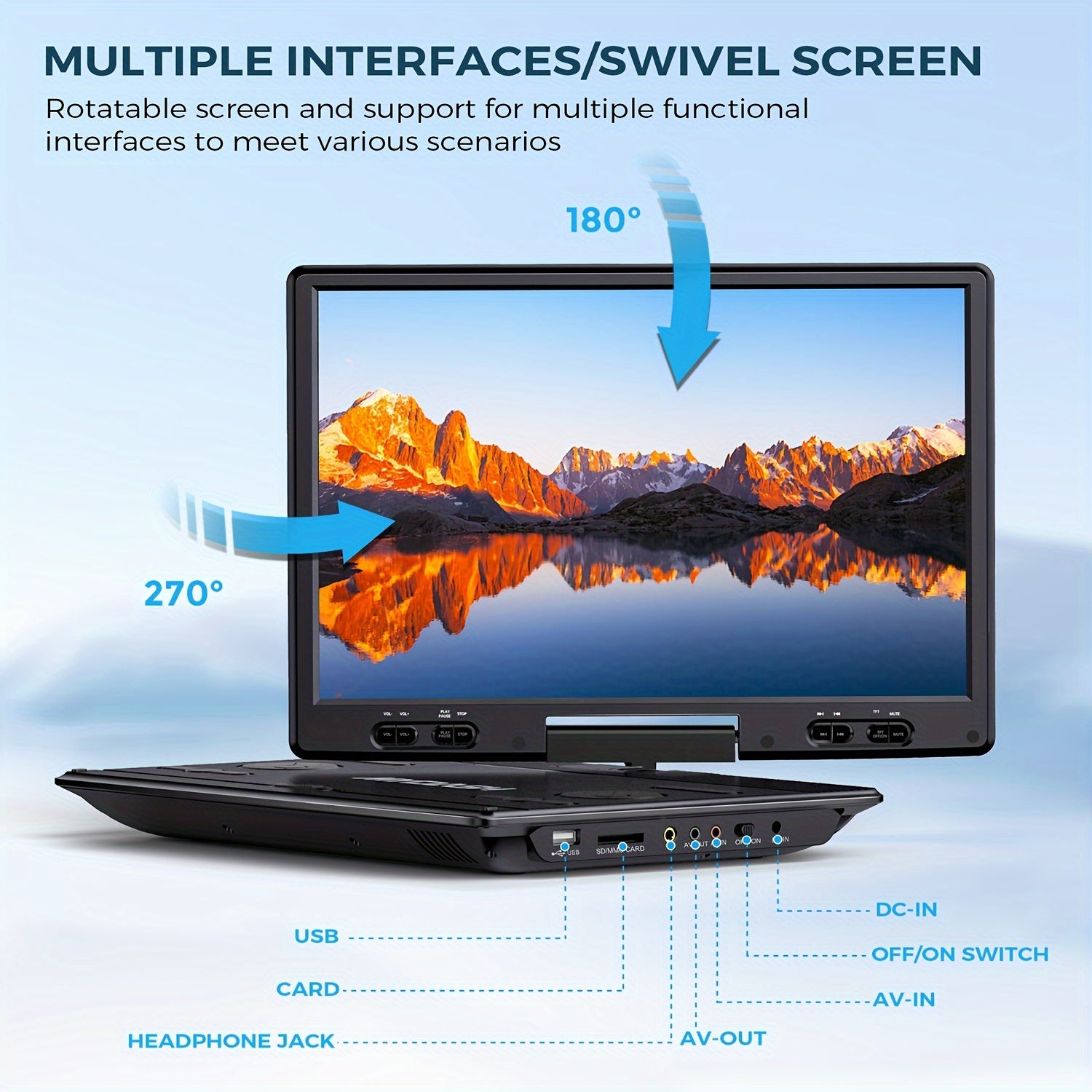 14.9" Large Portable DVD Player - Region Free, 12.5" HD Swivel Screen, Exclusive Button Design, Car Headrest Mount, High Volume Speaker, Supports CD/DVD/SD Card/USB, Black