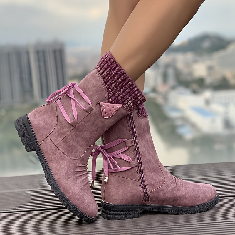 Vintage Classic Elegant 's Mid-Calf Boots. Elastic Collar Design, Lace-Up Adjustable for Plus Size s. Multiple Colors Available: Grey, Black, Khaki, Blue, Purple Womens Shoes.Cute Round Toe Slip On Autumn Ankle Boots, Lovely