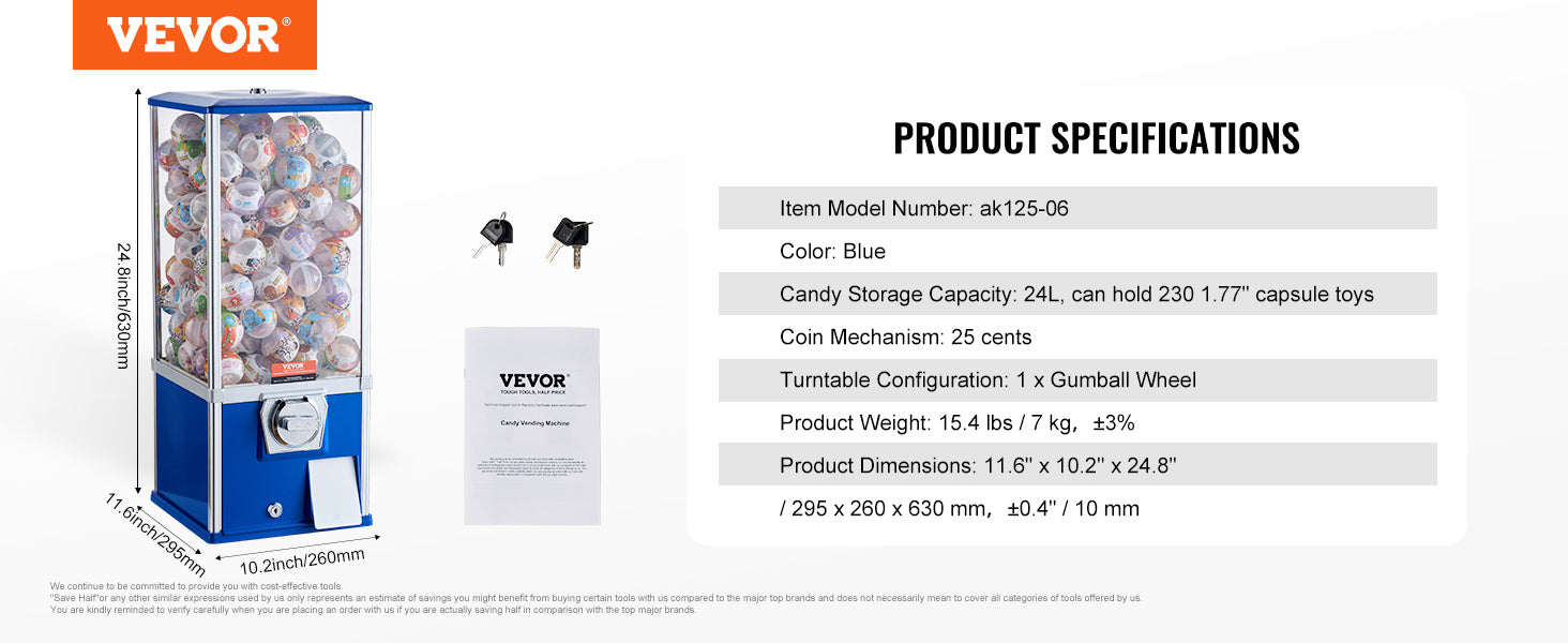 SucceBuy 25inch Gumball Machine for Kids PS 230 Capsule Toys Rectangle Blue For Game Stores Coin Operated Gumball Bank