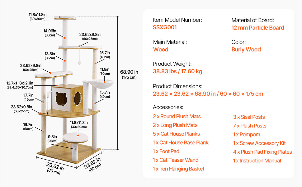 SucceBuy Large Cat Tree 68.9inch Tall Multi-level Cat Condo Furniture Activity Center with Cozy Perches Kitten House for Indoor