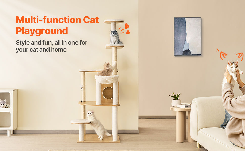 SucceBuy Large Cat Tree 68.9inch Tall Multi-level Cat Condo Furniture Activity Center with Cozy Perches Kitten House for Indoor