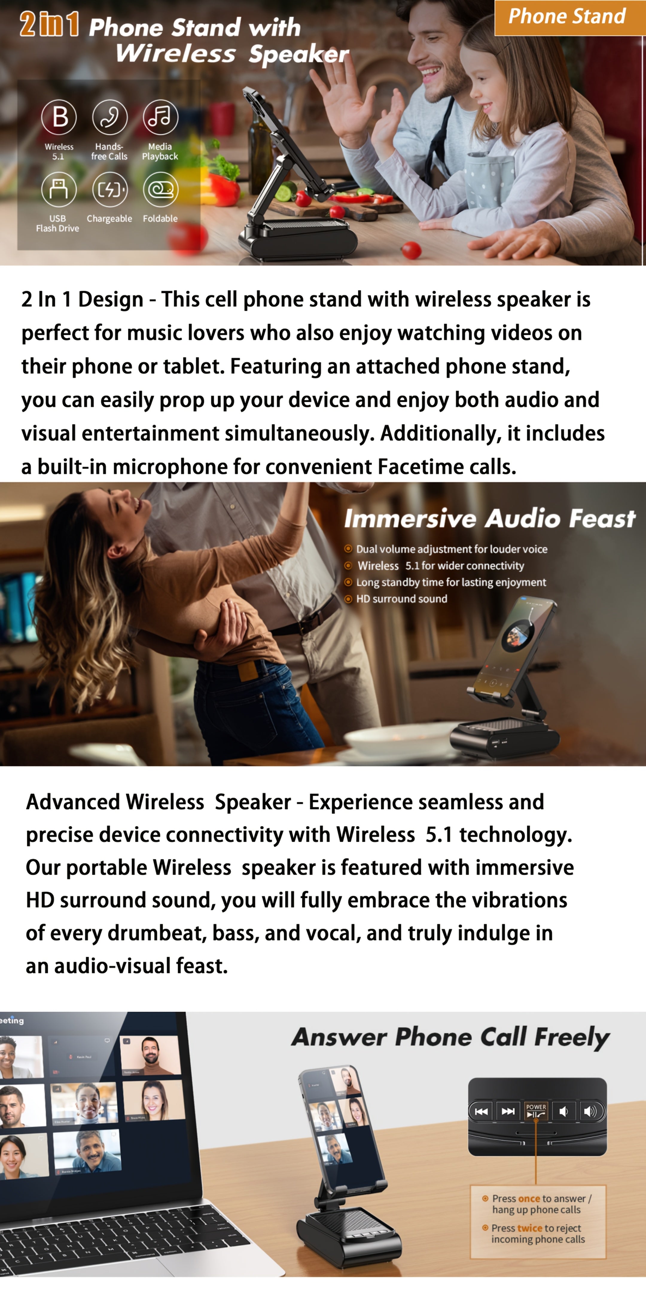 Cell Phone Stand With Wireless Speaker And Non-slip Base, Suitable For Indoor And Outdoor And Desktop, Dad's Gifts, Gifts For Family And Friends, Portable Mobile Phone Stand Speaker For Party Camping