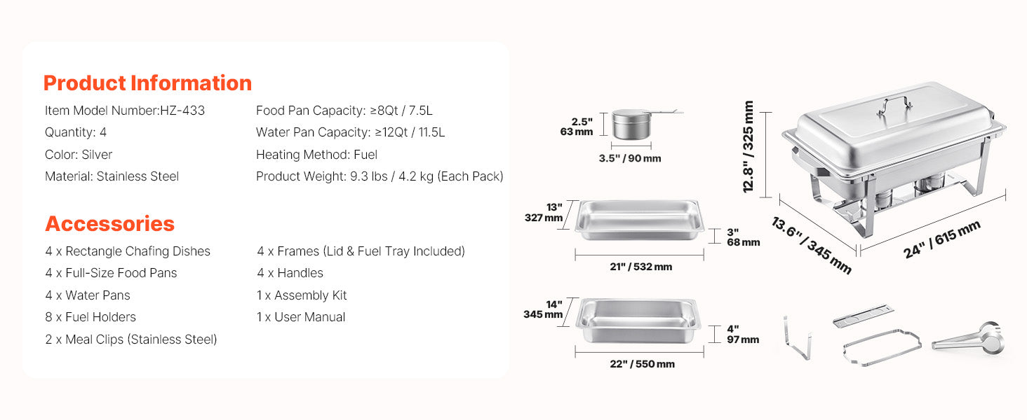 VEVOR 8 Qt 4/6 Pack Chafing Dish Buffet Set Stainless Steel Chafer Rectangle Catering Warmer Server with Lid Water Pan for party