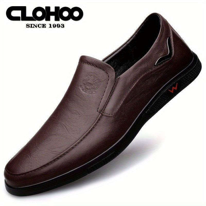 CLOHOO Men's Slip-On/Slip-Resistant Genuine Leather-like (Split Cowhide) Shoes - All-Season Casual &amp; Dressy -like Sneakers with PU, Non-Skid Rubber Sole, Black/Brown for Business, Vacation, Casual Attire (No Laces)
