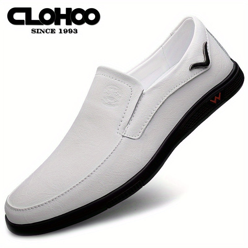 CLOHOO Men's Slip-On/Slip-Resistant Genuine Leather-like (Split Cowhide) Shoes - All-Season Casual &amp; Dressy -like Sneakers with PU, Non-Skid Rubber Sole, Black/Brown for Business, Vacation, Casual Attire (No Laces)