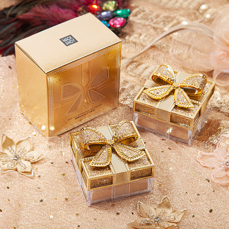 Elegant Bowknot Air Powder - Lightweight, Long-Lasting Oil Control &amp; Waterproof Setting Powder for All Skin Tones, Ivory White &amp; Cool Beige, Matte Finish with Glittery Golden Bow Design