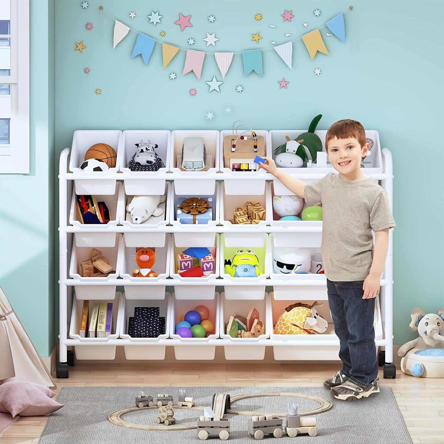 Kids Toy Storage Organizer With 20 Plastic Bins, Extra Large Toy Organizer And Storage Bins, 4-Tier Metal Toy Storage Rack For Kids Room, Playroom And Nursery