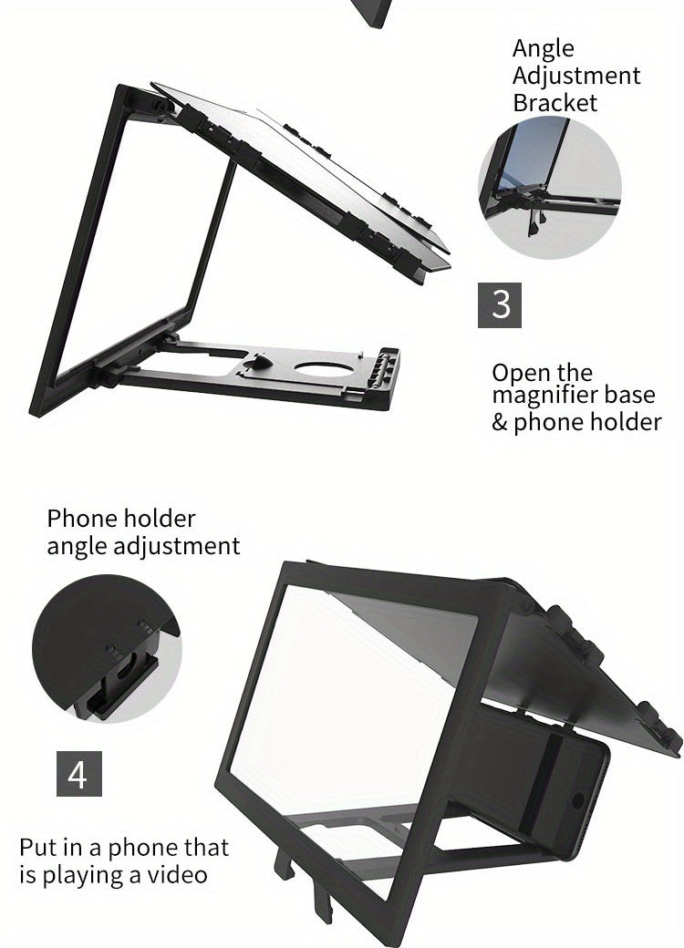 Triple-Sided Cinema Experience - 12-inch Foldable Phone Screen Magnifier with Optical Acrylic Lens - Instant HD Boost, Portable Mini Theater for TV-Like Viewing, 3-4x Magnification Desktop Stand