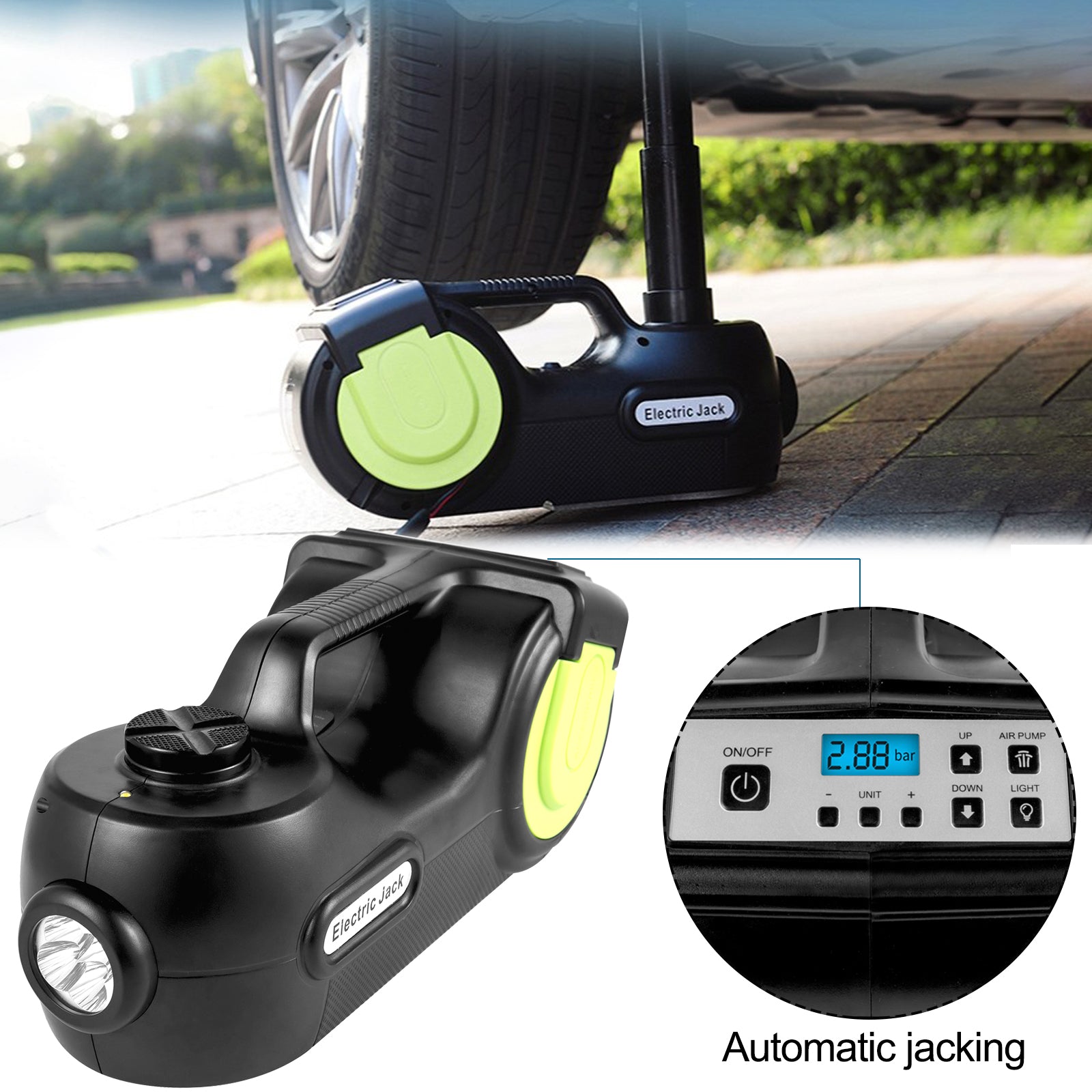 SucceBuy 4-In-1 Electric Car Jack 12V 5T Portable Hydraulic Jack Impact Wrench Tire Compressor Lifting LED Light Car Repair Tool