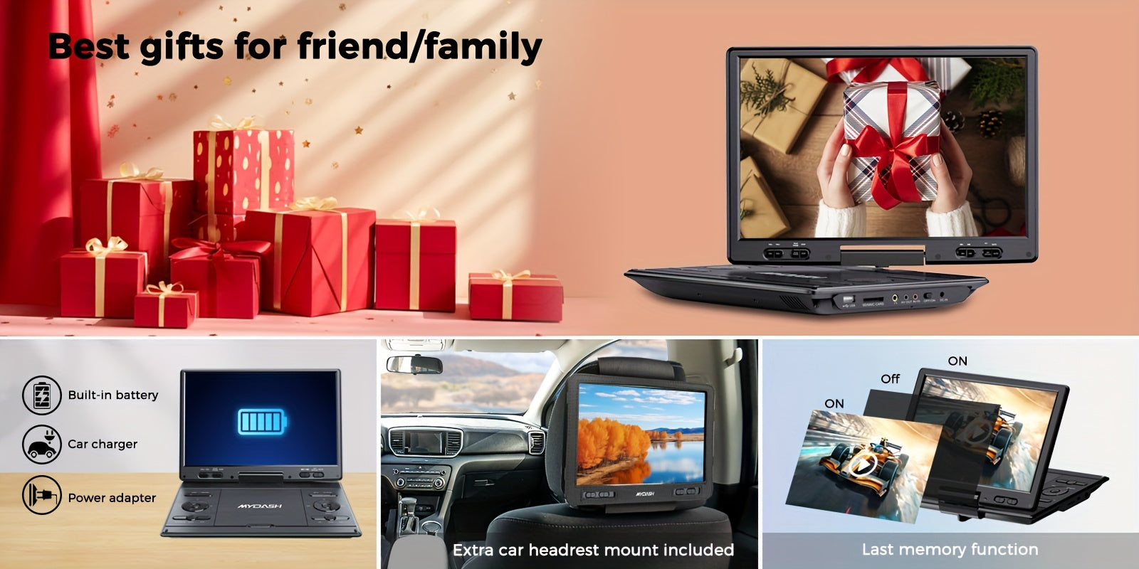 14.9" Large Portable DVD Player - Region Free, 12.5" HD Swivel Screen, Exclusive Button Design, Car Headrest Mount, High Volume Speaker, Supports CD/DVD/SD Card/USB, Black