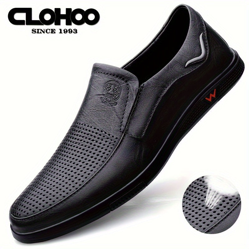 CLOHOO Men's Slip-On/Slip-Resistant Genuine Leather-like (Split Cowhide) Shoes - All-Season Casual &amp; Dressy -like Sneakers with PU, Non-Skid Rubber Sole, Black/Brown for Business, Vacation, Casual Attire (No Laces)