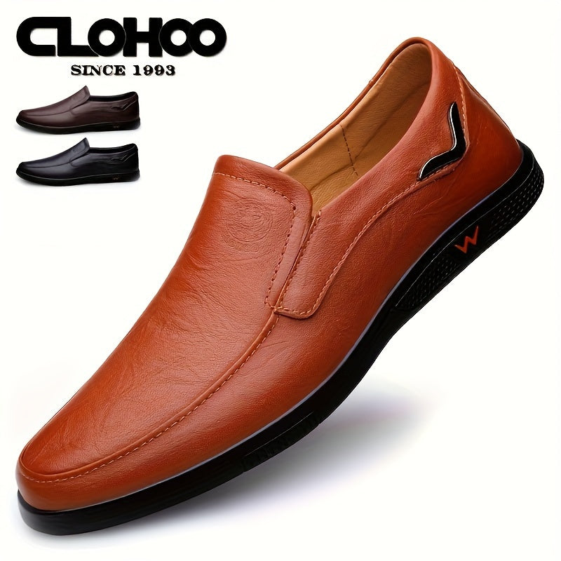 CLOHOO Men's Slip-On/Slip-Resistant Genuine Leather-like (Split Cowhide) Shoes - All-Season Casual &amp; Dressy -like Sneakers with PU, Non-Skid Rubber Sole, Black/Brown for Business, Vacation, Casual Attire (No Laces)