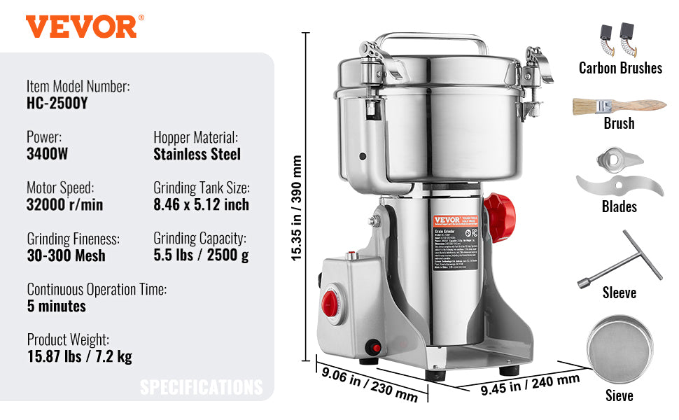 SucceBuy 150-2500g Electric Grain Mill Grinder Commercial Swing Spice Grinders for Dry Herbs Grains Spices Cereals Coffee Corn