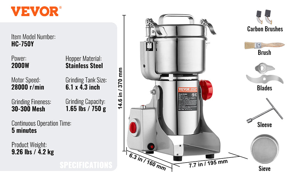 SucceBuy 150-2500g Electric Grain Mill Grinder Commercial Swing Spice Grinders for Dry Herbs Grains Spices Cereals Coffee Corn