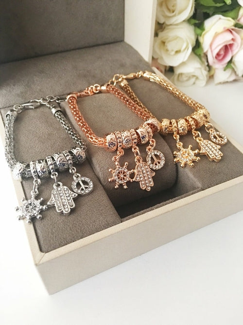 Bracelet à breloques Hamsa, Bracelet Pandora authentique, Bracelet en zircone