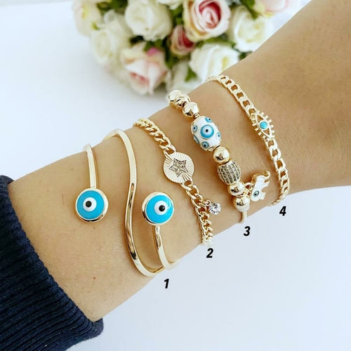 Gold Evil Eye Bracelet, Bangle Bracelet, Pandora Bracelet