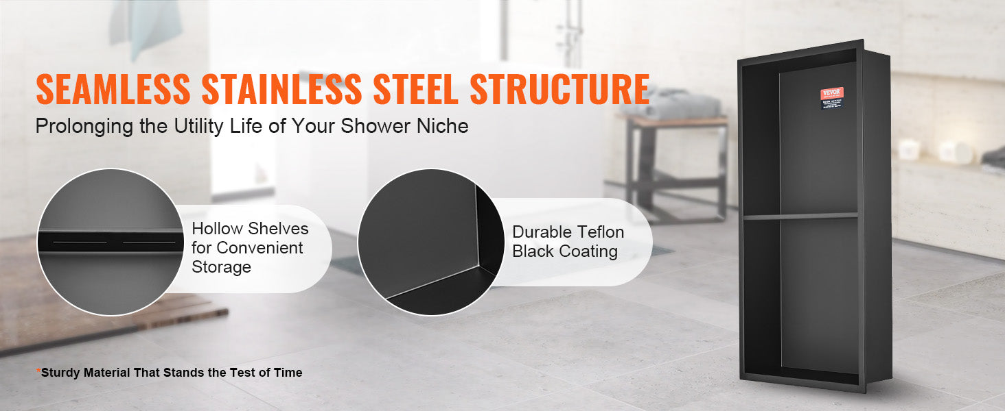 SucceBuy No Tile Shower Niche 304 Stainless Steel Wall Inserted Niche Recessed Double Shelves for Shower  Soap Storage Bathroom