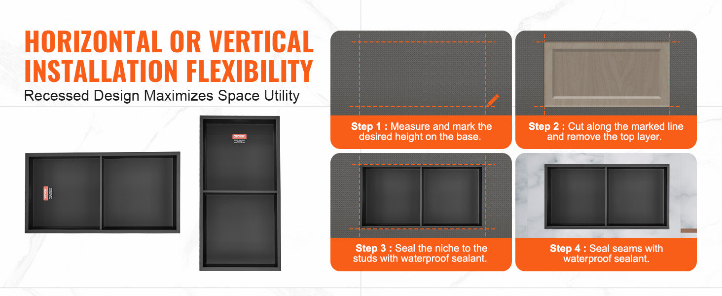 SucceBuy No Tile Shower Niche 304 Stainless Steel Wall Inserted Niche Recessed Double Shelves for Shower  Soap Storage Bathroom