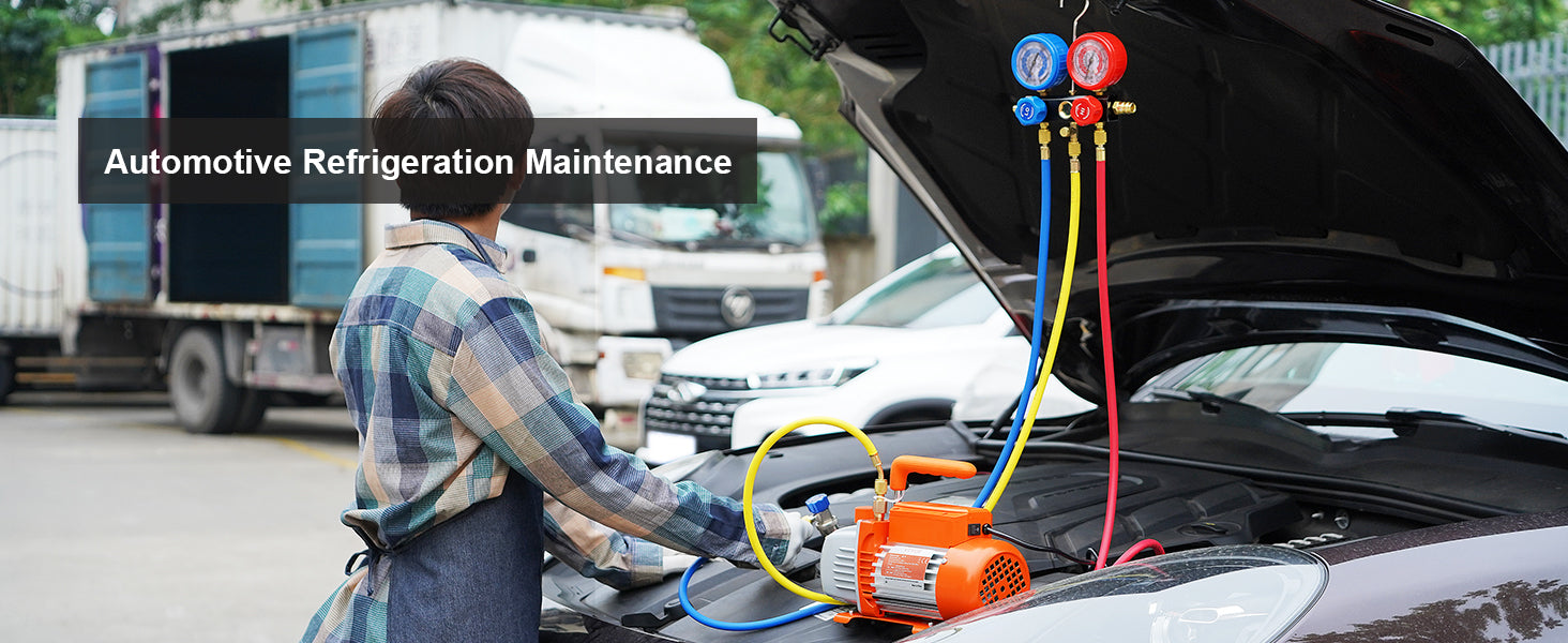 SucceBuy 3.5CFM 4CFM Single Stage Rotary Vane HVAC Air AC Vacuum Pump & A/C Refrigerant Kit Manifold Gauge Set Air Conditioning